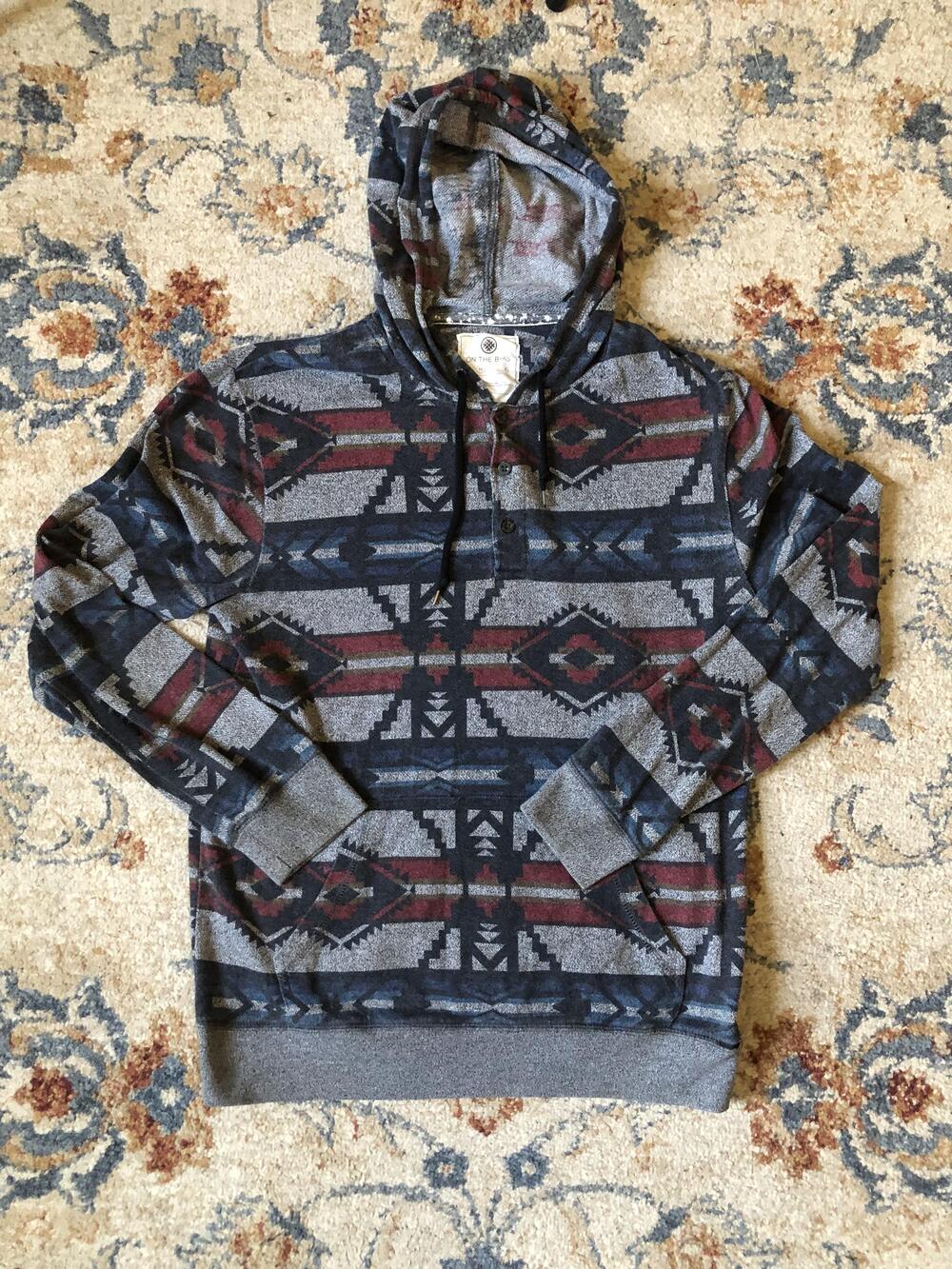 On The Byas Hoodie Mens Medium Gray Red Blue Aztec Southwest Pullover Sweatshirt